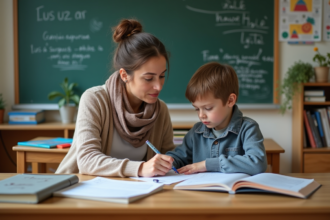 Enseignante aidant un élève en classe primaire
