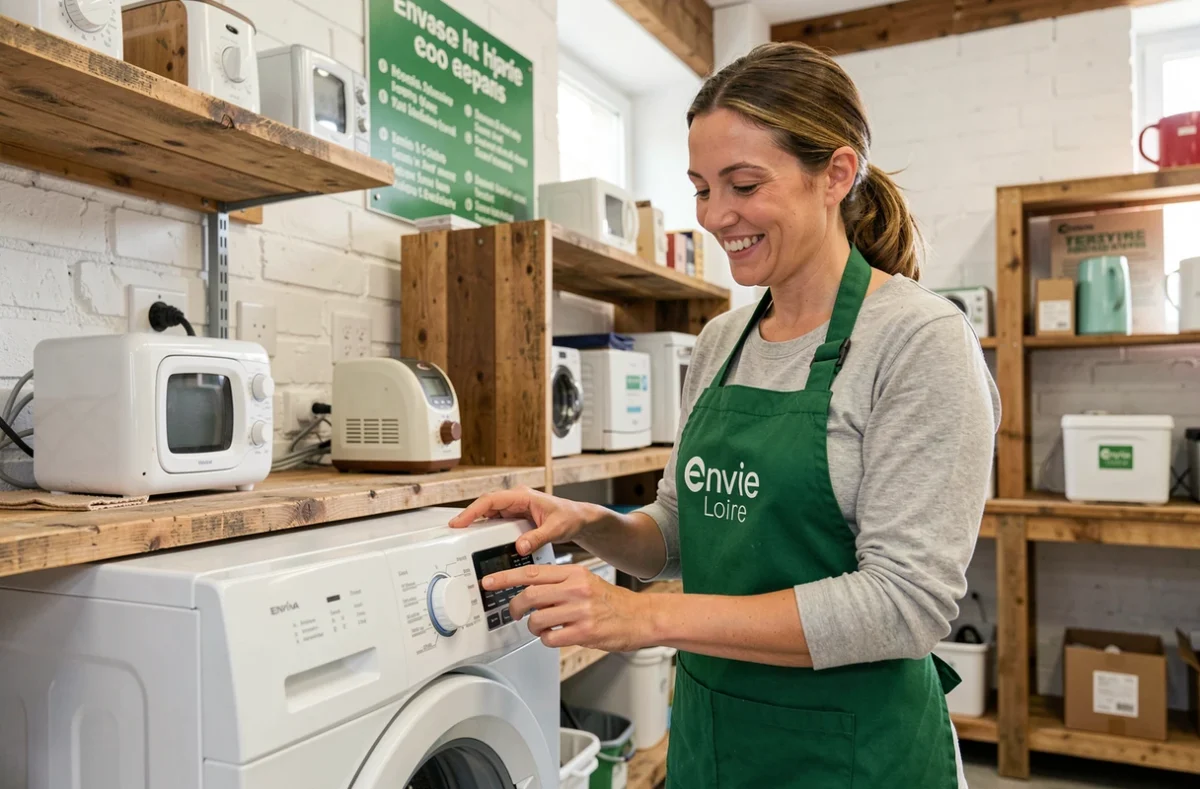 Technicienne de l'association Envie Loire testant un lave-linge reconditionné dans l'atelier de réemploi et réparation d'électroménager à Tours