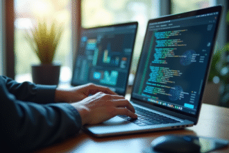 Espace de travail moderne avec un ordinateur code et reseau neural
