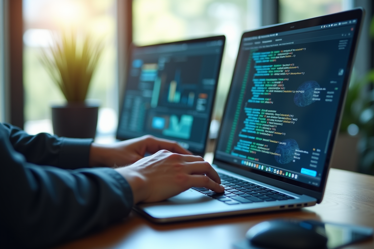 Espace de travail moderne avec un ordinateur code et reseau neural