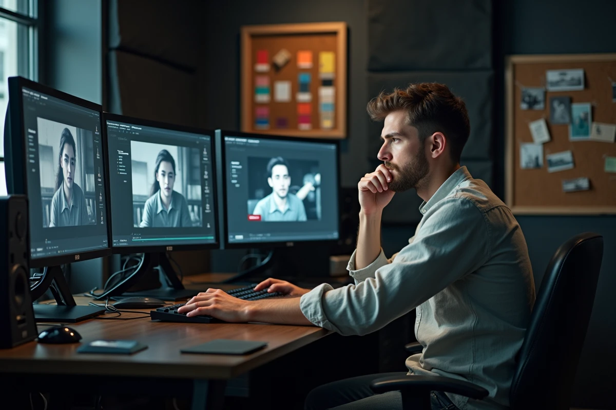Un étalonneur de cinéma analyse des séquences en couleur et en noir et blanc sur plusieurs écrans dans une salle de post-production