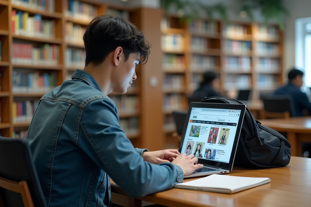 Étudiant consultant un site de lecture de scan manga gratuit sur ordinateur portable en bibliothèque