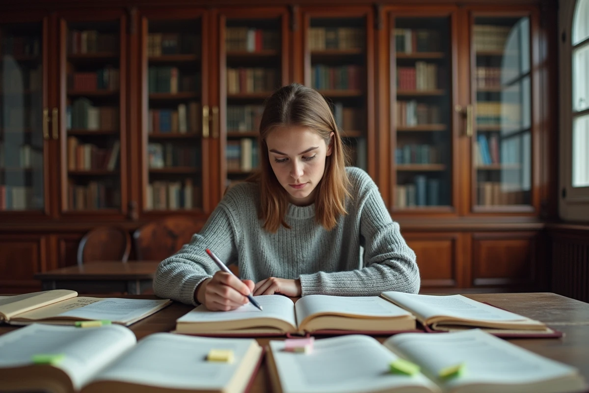 Étudiante en droit pénal étudiant un arrêt de jurisprudence dans une bibliothèque universitaire parisienne