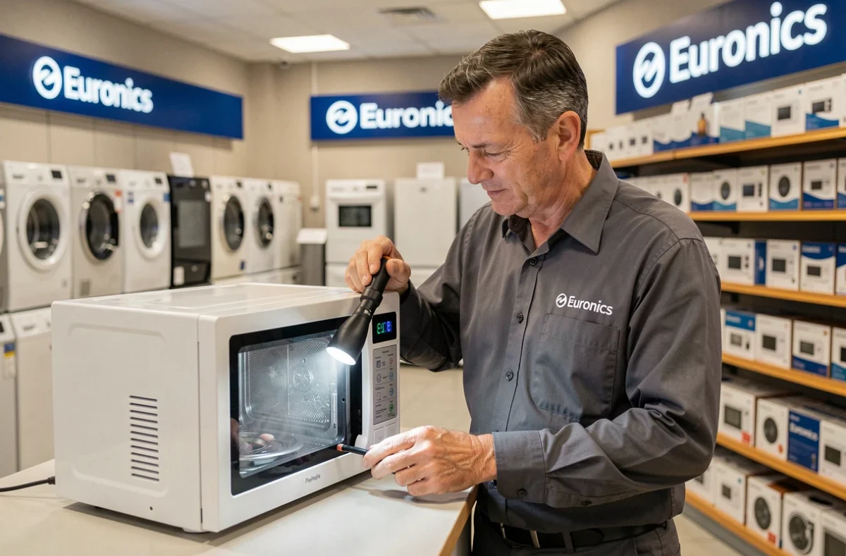 Technicien Euronics Bourges examinant un four micro-ondes apporté par un client au comptoir de dépannage électroménager dans le Cher
