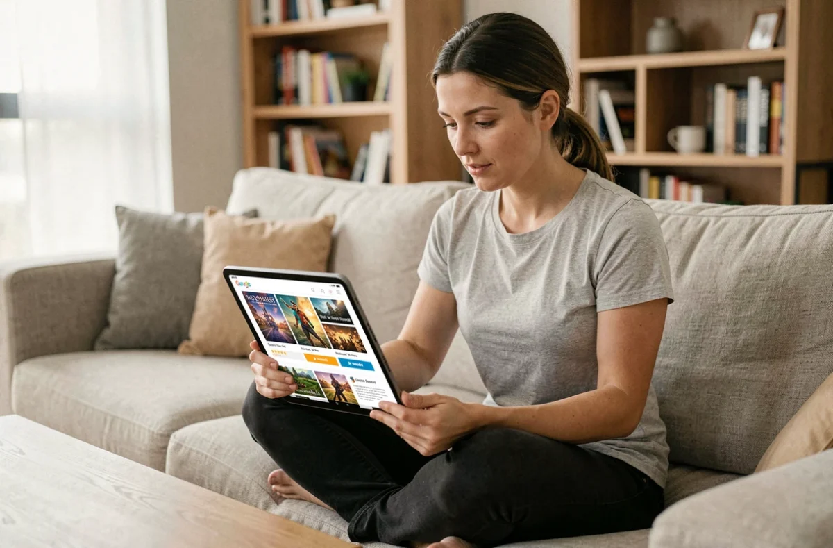 Femme consultant une fiche de jeu sur tablette dans un salon moderne pour évaluer les critères avant téléchargement