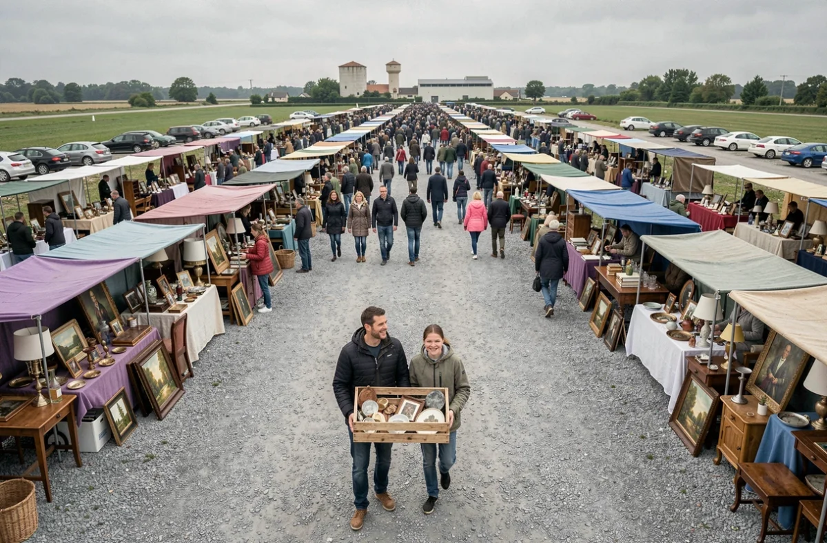 Vue d'ensemble d'un grand événement de brocante en plein air dans les Yvelines avec de nombreux stands