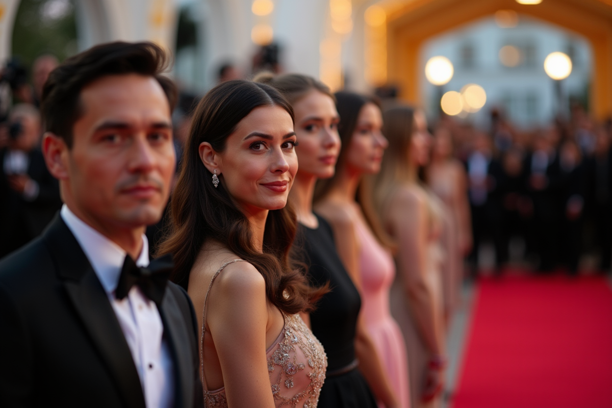Famille élégante posant sur un tapis rouge lors d