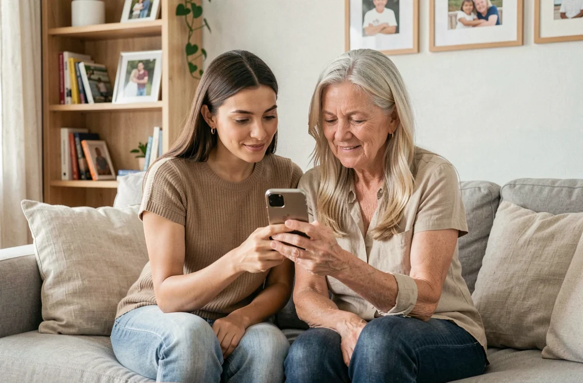 Mère et fille consultant un smartphone ensemble pour appeler un proche à Mayotte avec l'indicatif international 262 639