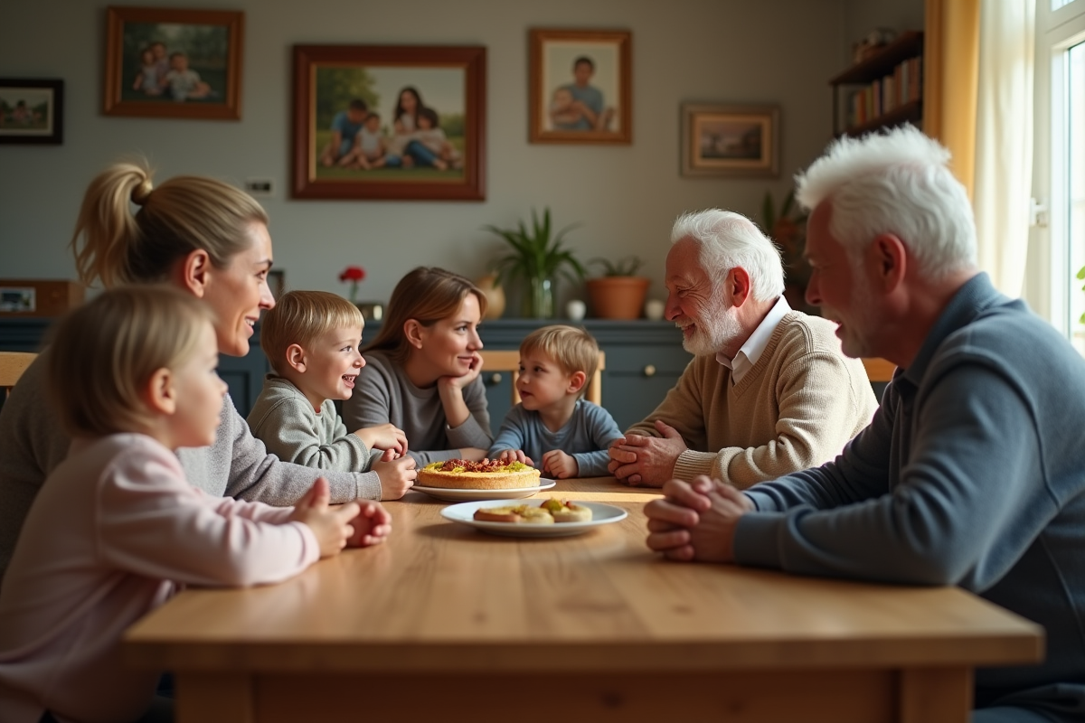 Famille multigenerations réunie autour d'une table chaleureuse