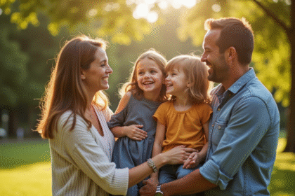 Famille heureuse dans un parc en journée pour article sur famille