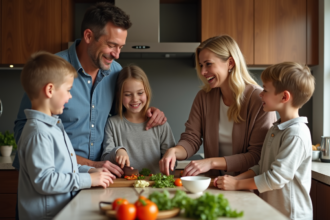 Famille recomposée préparant le dîner ensemble dans la cuisine