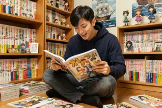 Jeune fan de manga lisant un volume de One Piece assis sur le sol entouré de mangas