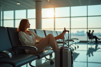 Femme assise dans un salon d'aéroport en train de s'étirer