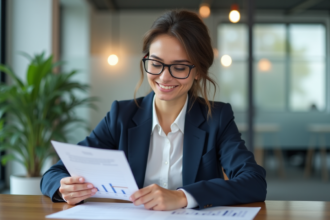 Femme d'affaires en costume regardant un document financier