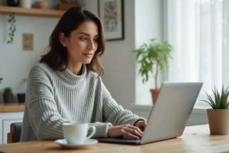 Femme utilisant un ordinateur portable pour contacter le centre d'aide Le Bon Coin depuis son bureau à domicile