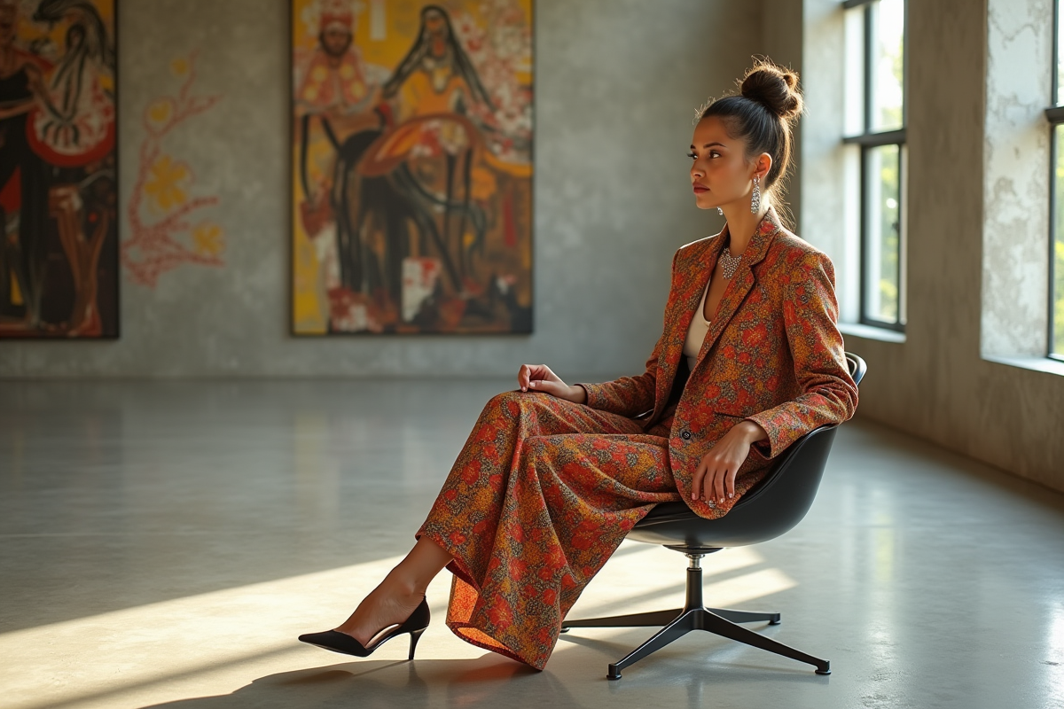 Femme en tenue colorée dans une galerie d