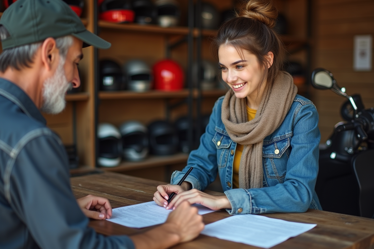 Femme discutant avec un mécanicien dans un atelier de réparation scooter