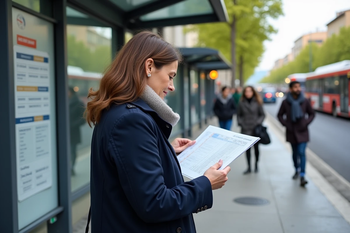 Femme examinant un horaire de bus à Lyon en plein air