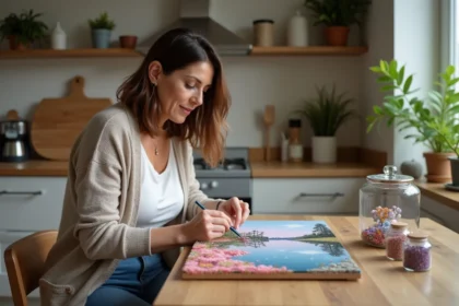 Femme créant un tableau avec des diamants colorés
