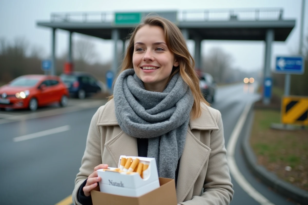 Femme souriante avec sac de cigarettes près de la frontière luxembourgeoise