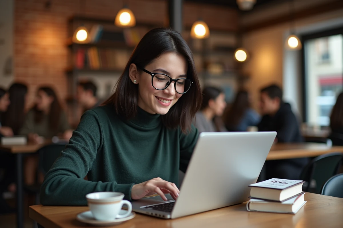 Femme lisant un manga sur un ordinateur dans un café moderne