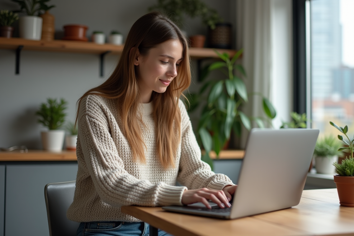 Jeune femme utilisant un ordinateur portable dans sa cuisine