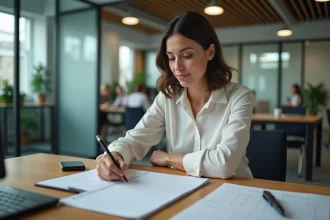 Femme d affaires dans un bureau moderne utilisant un calendrier