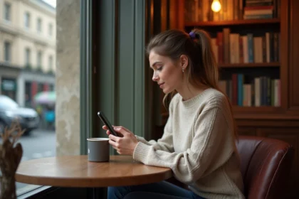 Jeune femme au café regardant son téléphone contemplatif