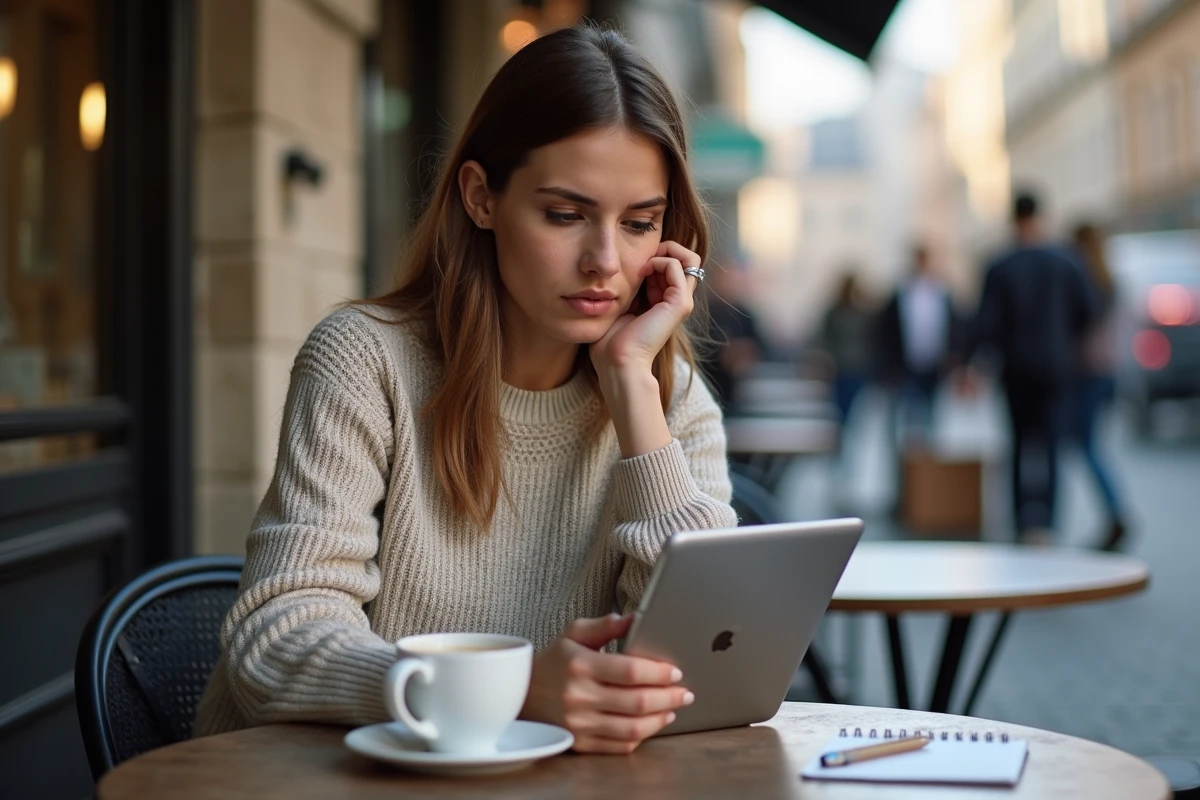 Jeune femme au café en ville regardant sa tablette