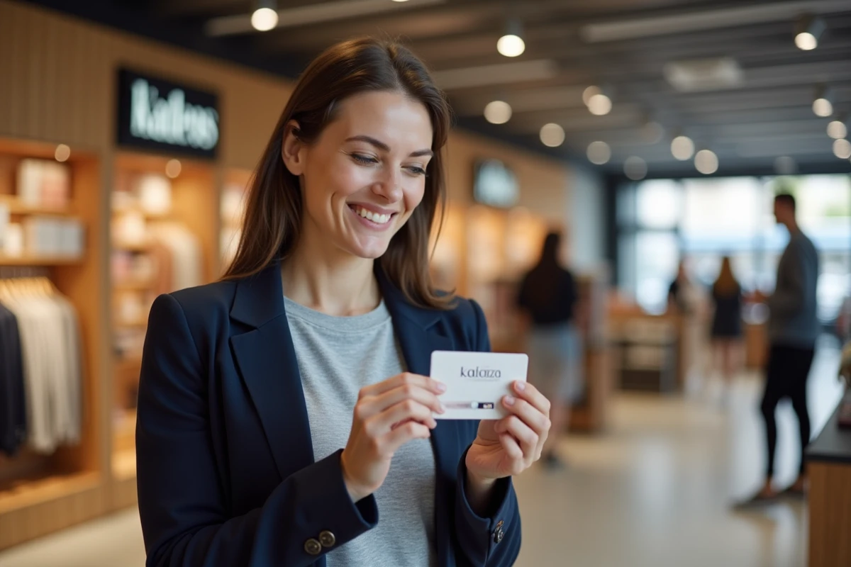 Femme tenant une carte cadeau Kadéos Edenred dans un centre commercial, souriant en regardant la carte