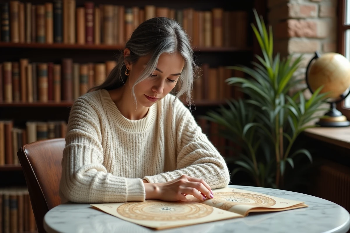 Femme mature contemplant des cartes astrologiques dans une bibliothèque, symbolisant l'intuition et la profondeur émotionnelle du signe Cancer du 12 juillet