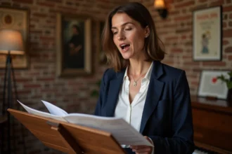Femme chantant La Marseillaise en lisant une partition musicale dans une salle de répétition