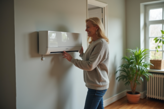 Femme ajustant une pompe à chaleur murale dans son salon