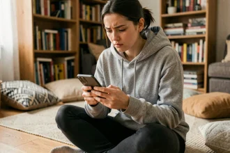 Jeune femme cherchant une soluce pour le jeu mobile Rooms And Exits sur son smartphone