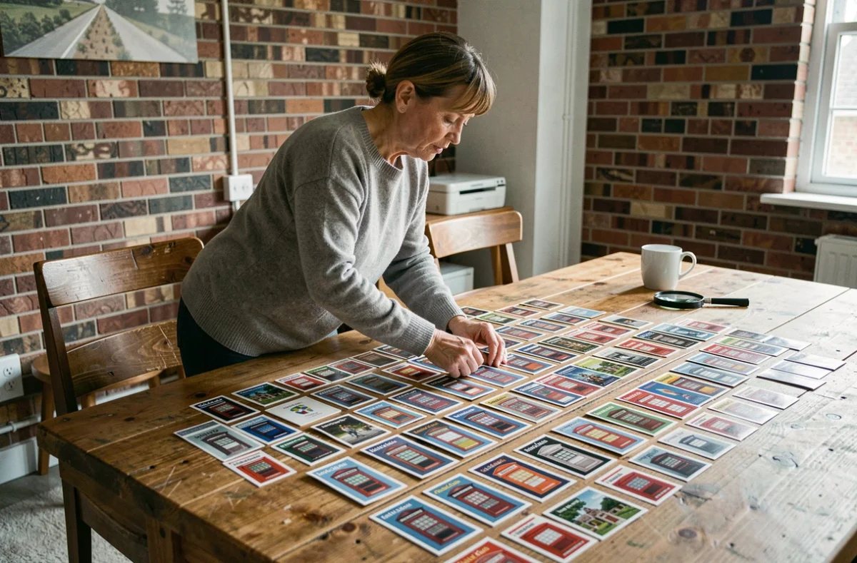 Femme classant une collection de cartes cabine téléphonique françaises sur une grande table en bois dans un salon
