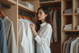 Femme en dressing moderne choisissant une chemise blanche