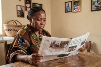 Femme comorienne de la diaspora lisant un journal des Comores à la maison en Europe