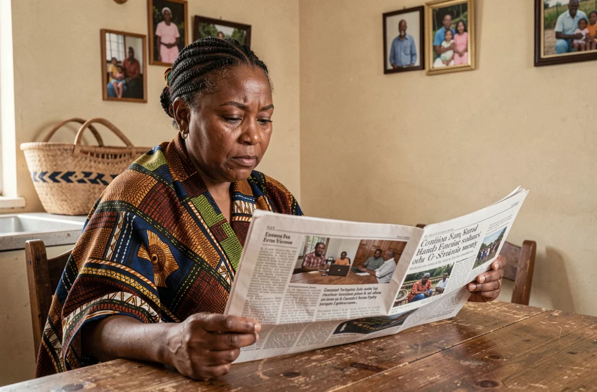 Femme comorienne de la diaspora lisant un journal des Comores à la maison en Europe