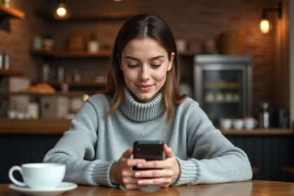 Jeune femme consultant des stories Instagram anonymement sur son smartphone dans un café urbain