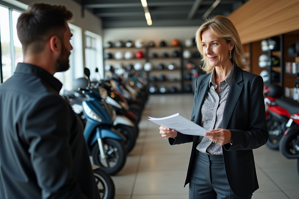 Femme discutant avec un vendeur de motos en showroom