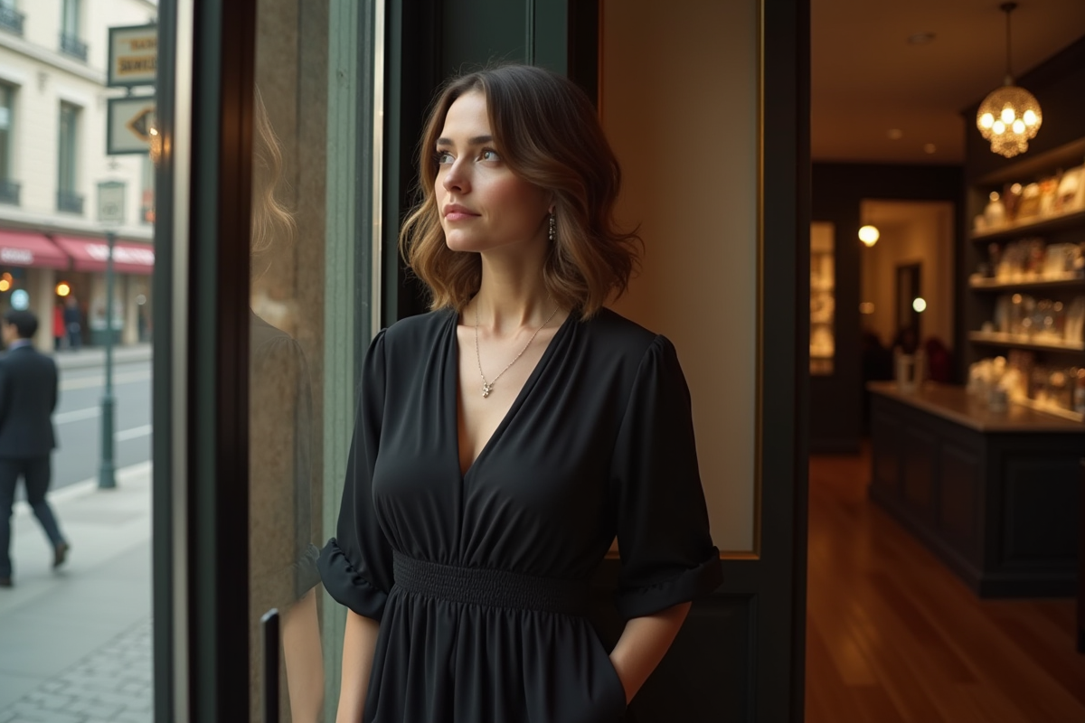 Femme élégante en robe noire devant une vitrine parisienne