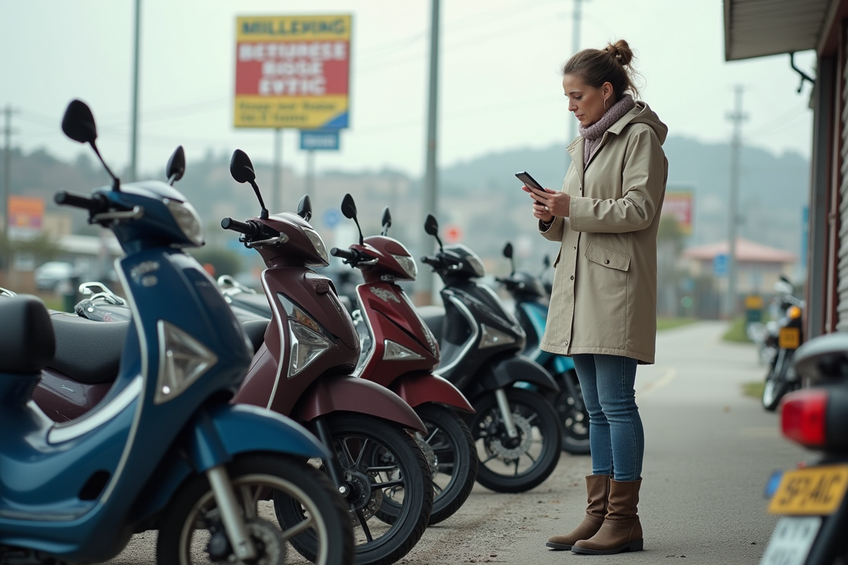 Femme examinant des motos 125cc dans un concessionnaire