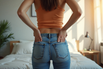 Femme en difficulté pour boutonner ses jeans serrés dans une chambre lumineuse