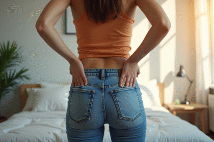 Femme en difficulté pour boutonner ses jeans serrés dans une chambre lumineuse