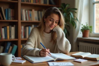 Femme étudiant la grammaire française avec un manuel ouvert sur un bureau en bois dans un bureau à domicile chaleureux