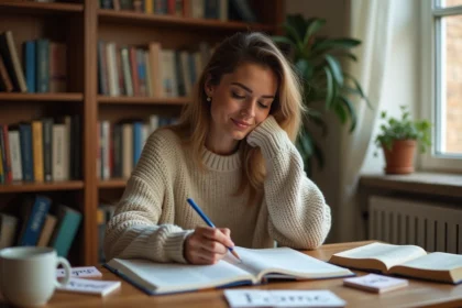 Femme étudiant la grammaire française avec un manuel ouvert sur un bureau en bois dans un bureau à domicile chaleureux
