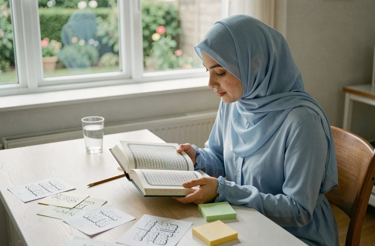 Jeune femme musulmane étudiant la sourate Al Kahf en français et en arabe à son bureau avec des notes explicatives