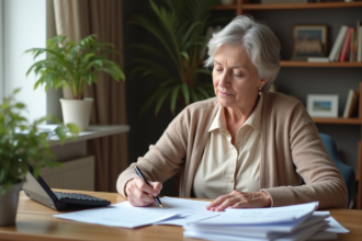 Femme d'âge mûr examine documents financiers à domicile