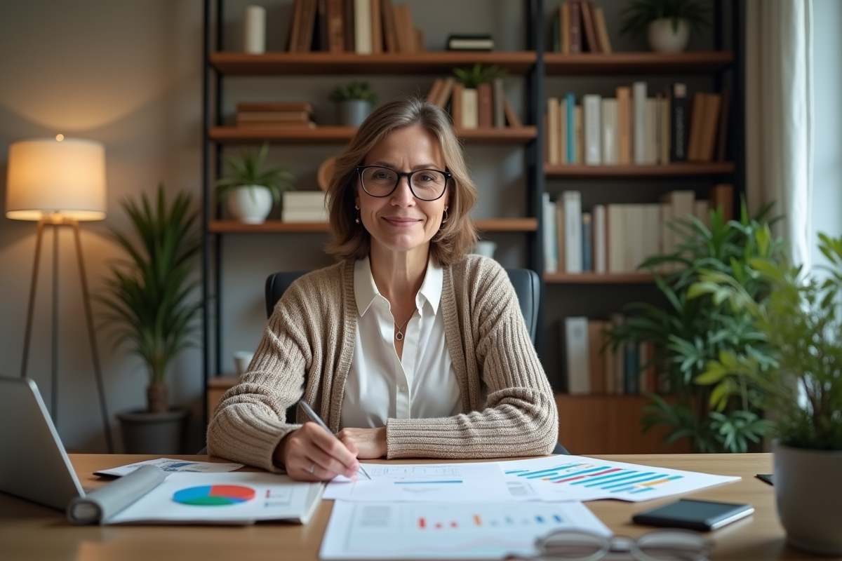 Femme analysant des graphiques et reçus dans un bureau à domicile