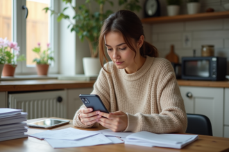 Jeune femme vérifiant ses reçus dans une cuisine moderne
